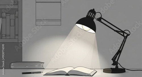 Desk lamp illuminates open book, creating a focused reading environment with shadows.