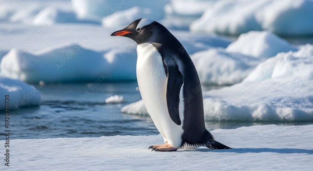 Obraz premium Gentoo penguin resting near icy shoreline with floating icebergs, portraying polar wildlife resilience in extreme Antarctic climate.