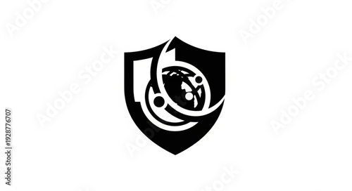 Black and white shield emblem featuring abstract design elements and shapes.