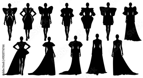 Set of Fashion Silhouette Sketches with Avant-Garde Dramatic Evening Gowns