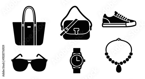 Modern Fashion Accessories Watch Sneakers Handbag and Jewelry Icon Set