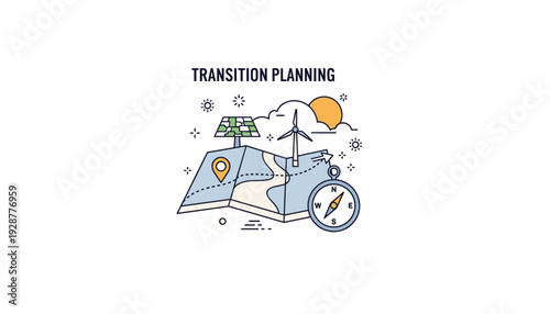 Transition planning with solar panel and wind turbine on map