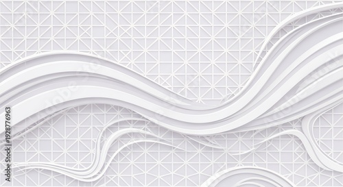 Clean pure white abstract background illustration with dynamic flowing wavy lines and subtle geometric triangle square grid pattern contemporary design