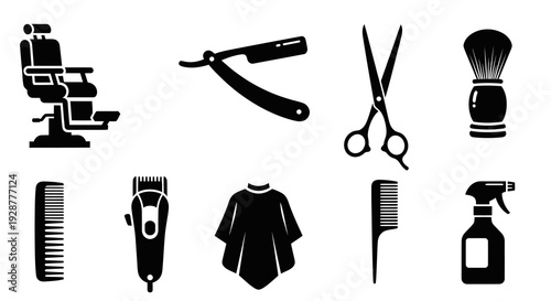 Professional Barber Shop Tools and Hairdressing Equipment Icon Set Vector