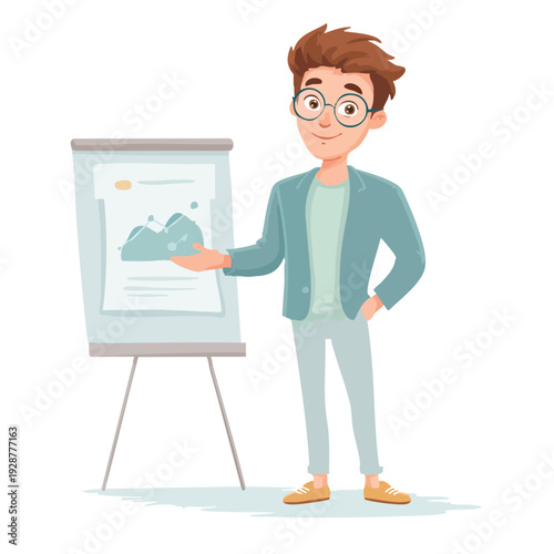 Presenter Man Standing Beside Presentation Flip Chart.