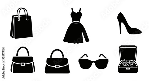 Set of Women Fashion Accessories and Elegant Black Evening Dress