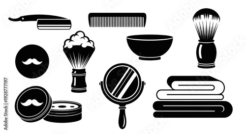 Traditional Barber Shaving Tools and Grooming Equipment Silhouette Vector Icons