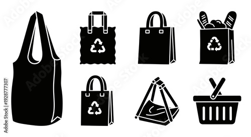 Eco Friendly Reusable Shopping Bags and Recycling Symbols Vector Set