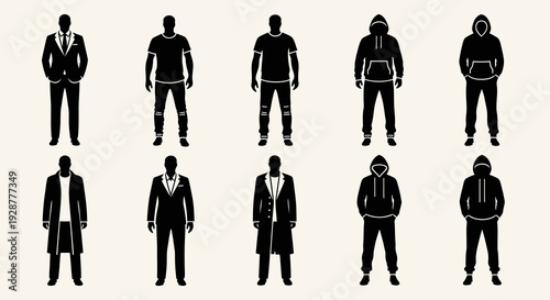 Men Fashion Style Silhouettes Wearing Suit Hoodie and Long Coat