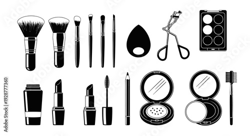 Professional Makeup Tools and Cosmetic Products Silhouette Vector Icon Collection