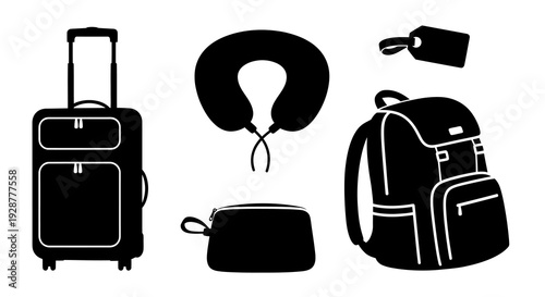 Travel Essentials Set Including Suitcase Backpack Neck Pillow and Tag