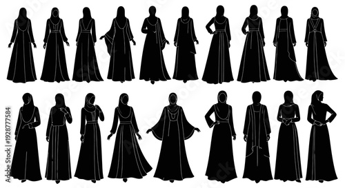 Collection of Muslim Woman Silhouettes Wearing Diverse Hijab and Abaya