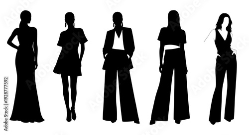 Set of Elegant Woman Fashion Silhouettes in Various Stylish Outfits