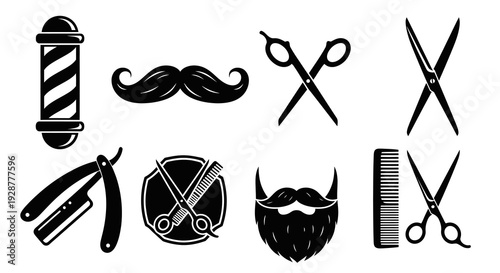 Professional Hairdressing Scissors Razors and Beard Grooming Icon Set