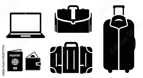 Travel and Business Trip Essential Equipment Silhouette Vector Icon Set
