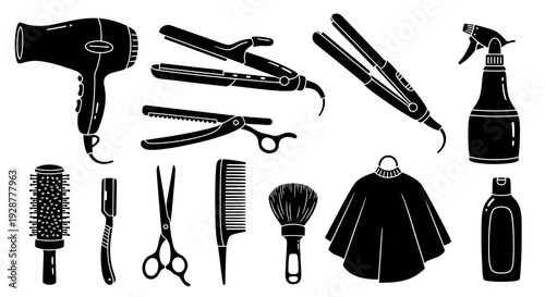 Professional Hairdresser Tools and Beauty Salon Equipment Silhouette Vector Set