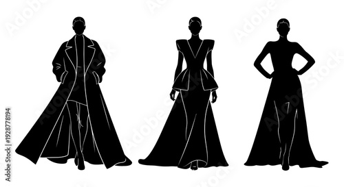 High Fashion Female Silhouette Set Wearing Elegant Luxury Evening Dresses