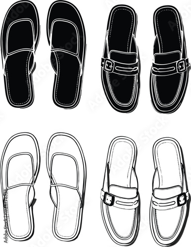 Hand Drawn Vector Illustration of Flat Loafers and Mule Shoes Set in Black and White Outline Sketch Style for Fashion Design and Footwear Icons
