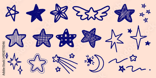 Various hand drawn star and moon naive doodle elements set. blue star on beige background. shining cool vibe. icons and symbols illustrations for night-sky theme designs, children's stationery.