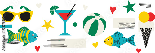 A colorful illustration of summer-themed elements including fish, sunglasses, and a cocktail, set against a plain background from a straightforward viewpoint
