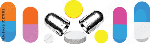 Assorted medication capsules and tablets displayed on a surface, showcasing various shapes and colors from a top-down viewpoint.