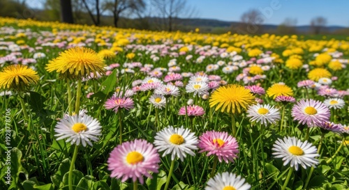 Field of colorful daisies in bloom outdoors.