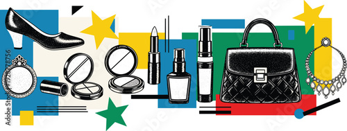 Assorted Fashion Accessories and Beauty Products Displayed Vibrantly Against Colored Backgrounds from a Direct Overhead Viewpoint