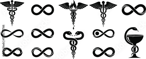 Collection of black silhouette vector icons featuring various medical caduceus rod of asclepius and pharmacy bowl of hygieia symbols with infinity loops for healthcare branding.