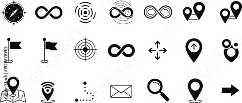 Collection of black vector icons featuring GPS navigation map pins location pointers compass target flag and infinity symbols for mobile app interface design.