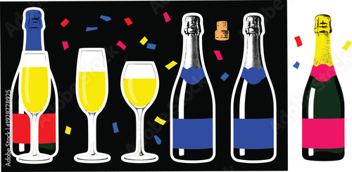 Celebratory champagne bottles and glasses illustration on a black background with colorful confetti