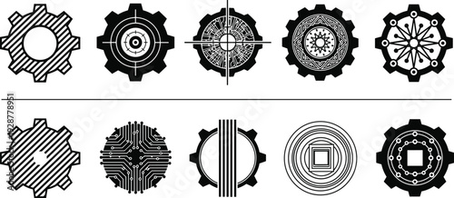 Collection of black vector gear icons and technical cogwheels with circuit board patterns and target symbols for industrial engineering mechanical process and technology design.