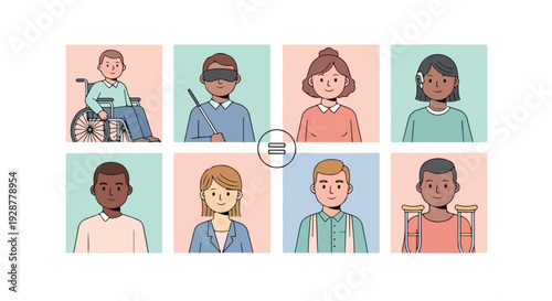 Diverse group of people with different abilities and ethnicities promoting equality and zero discrimination day in a colorful and inclusive flat lay composition with pastel background
