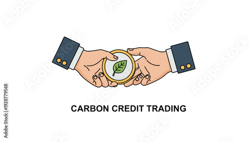 Business hands exchanging carbon credit with leaf symbol
