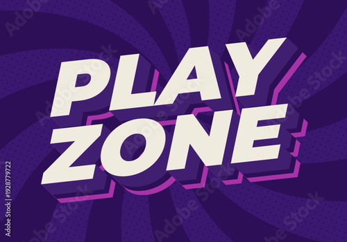 Bold retro 3d text play zone in cream with purple and pink shadows on a dark purple radial halftone background