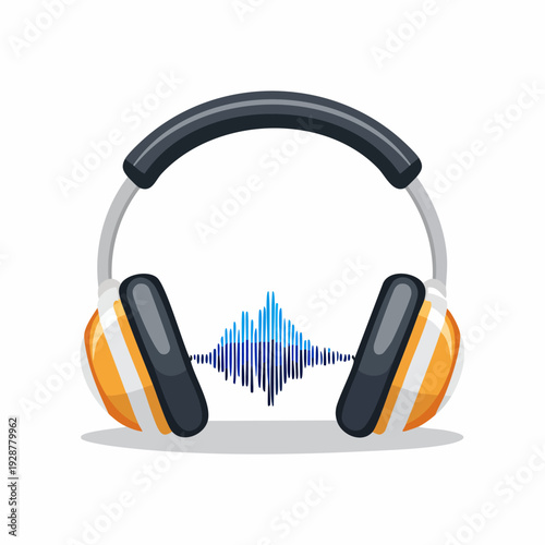 Headphones with a sound wave icon on a white background.