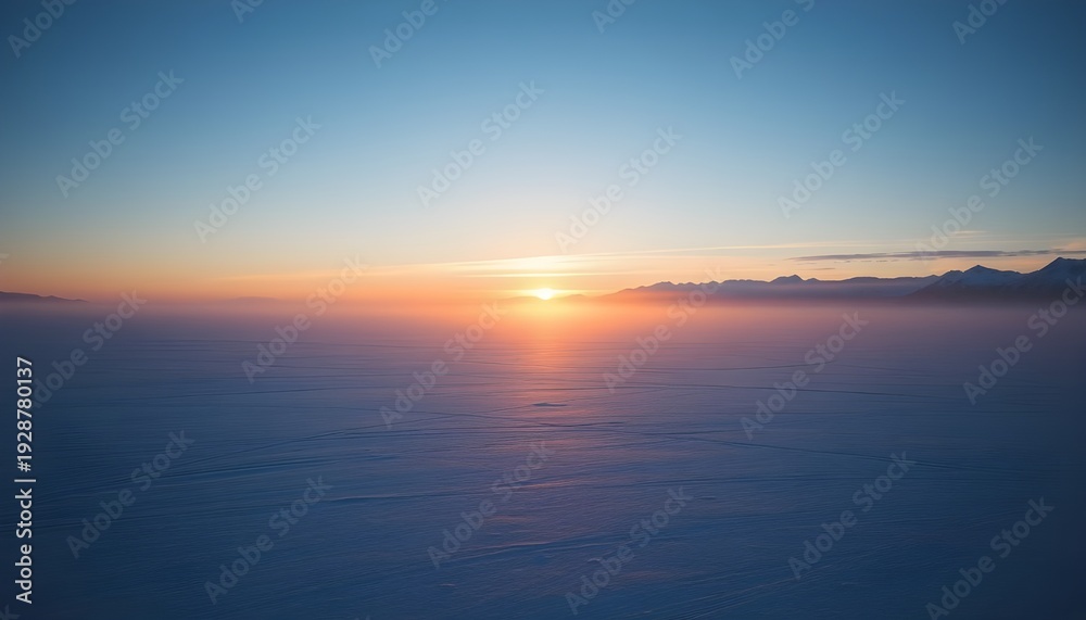 Obraz premium Tundra with sun on the horizon Arctic tundra landscape with frozen ground and low orange sun hovering at the horizon, atmospheric ice mist 2