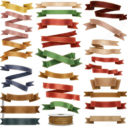 Watercolor style ribbon banners and twine spool in earthy tones isolated on white background