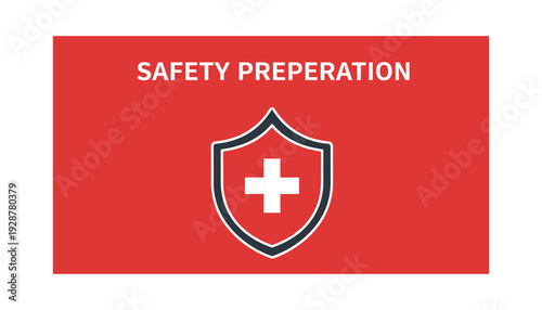 Safety preparation symbol with shield and cross on red background