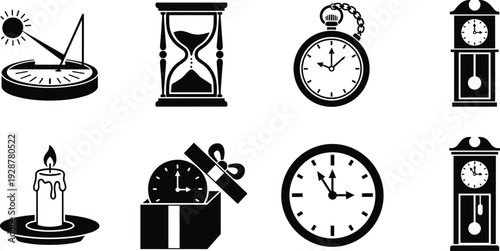 Collection of black vector time icons featuring vintage sundial hourglass pocket watch grandfather clock candle and wall clock isolated on a white background set.