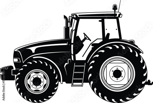 Detailed black and white vector silhouette of a modern farm tractor with large tires for agricultural machinery, farming industry projects, harvesting equipment and rural branding.