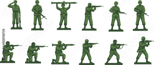 Military soldier silhouette set, army combat poses collection, tactical weapon stances, green army figures, defense forces vector illustration design pack