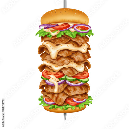 Giant vertical kebab burger creamy sauce drizzle isolated on white background