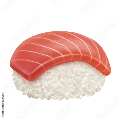 Realistic tuna nigiri sushi with glistening rice and vibrant red fish isolated on white background