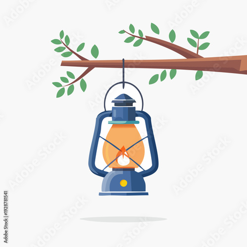 Old Lantern Hanging on a Tree Branch with Green Leaves.