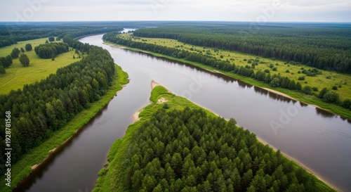 Aerial View of River Flowing Through Forest.