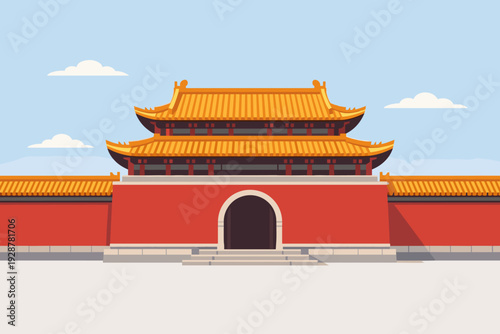 Minimalist illustration of the Forbidden City gate with orange roof  