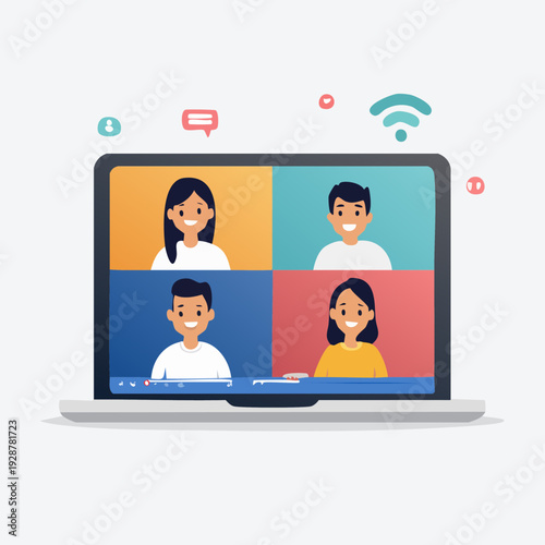 Online Video Conference Call on Laptop Screen with Four Diverse People.