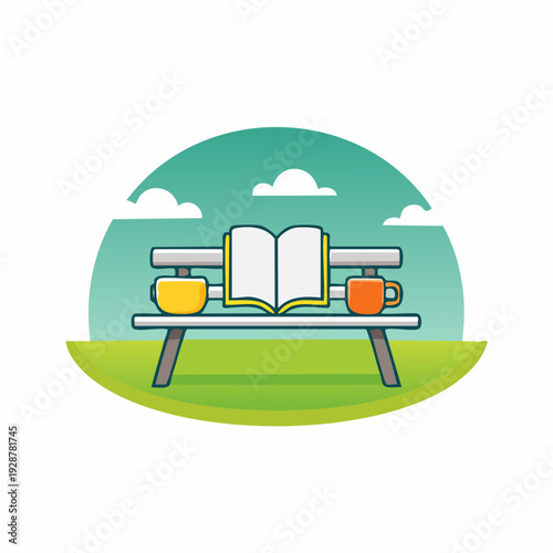 Open Book and Two Cups on a Park Bench in a Serene Outdoor Setting.