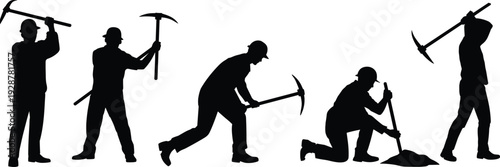 Construction workers digging with pickaxe silhouette set isolated on white background manual labor vector illustration