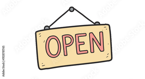 Hand-drawn open sign hanging on a wall in inviting style  